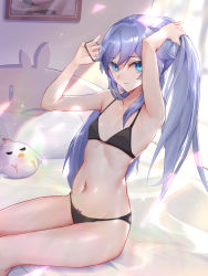 Rule 34 | 1girl, absurdres, armpits, arms up, bare shoulders, bed, bed sheet, black bra, black panties, blue eyes, blue hair, bra, breasts, from side, fu hua, hair tie, hairdressing, highres, honkai (series), honkai impact 3rd, long hair, looking at viewer, looking to the side, navel, on bed, panties, parted lips, pillow, sitting, small breasts, solo, sparkle, stomach, stuffed chicken, thighs, tying hair, underwear, underwear only, very long hair, wucanming