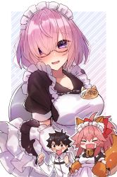 Rule 34 | 1boy, 2girls, alternate costume, animal ears, animal hands, apron, arms behind back, bell, black dress, black hair, blue eyes, blush, bow, breasts, cat paws, chaldea uniform, closed eyes, collar, dress, enmaided, fate/extra, fate/grand order, fate (series), fox ears, fox girl, fox tail, frills, fujimaru ritsuka (male), glasses, gloves, hair between eyes, hair bow, hair over one eye, highres, jingle bell, large breasts, light purple hair, long hair, looking at viewer, maid, maid apron, maid headdress, mash kyrielight, multiple girls, neck bell, open mouth, paw gloves, pink hair, ponytail, puffy short sleeves, puffy sleeves, purple eyes, red bow, short hair, short sleeves, sidelocks, smile, spiked hair, tail, tamamo (fate), tamamo cat (fate), tamamo cat (second ascension) (fate), tray, wasa (pixiv29582664)