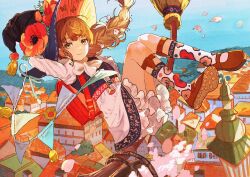 Rule 34 | 1girl, bag, black headwear, blue sky, bow, braid, broom, broom riding, brown eyes, brown footwear, brown hair, buchi (qooo003), building, bunting, cherry blossoms, corset, day, dress, floral print, flower, hair flower, hair ornament, hat, hat ornament, highres, holding, holding clothes, holding hat, house, kneehighs, light smile, long hair, looking at viewer, low-tied long hair, mountain, orange flower, original, patterned clothing, petals, red bag, red flower, school bag, shoulder bag, sidelocks, sky, socks, tower, town, white bow, white dress, white socks, wind, witch, witch hat
