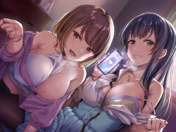 Rule 34 | 2girls, absurdres, aqua dress, black hair, black pantyhose, blue eyes, blurry, blurry background, bra, bracelet, breasts, brown hair, cardigan, cellphone, chest of drawers, cleavage, collarbone, collared shirt, curtains, dress, grin, highres, holding, holding phone, indoors, jewelry, kawahara minamo, large breasts, long hair, looking at viewer, multiple girls, necklace, non-web source, open clothes, open mouth, open shirt, original, pantyhose, phone, purple cardigan, purple eyes, shirt, short hair, sidelocks, smartphone, smile, strap slip, teeth, underwear, undressing, upper body, wet, white shirt, window, yellow bra