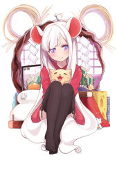 Rule 34 | 1girl, animal, animal ears, animal hug, animal on head, animal on lap, bamboo, black thighhighs, cat, cat on lap, cheese, closed mouth, commentary request, food, fruit, happy new year, highres, holding, hukahito, knees up, long hair, long sleeves, looking at viewer, mandarin orange, mouse (animal), mouse ears, new year, no shoes, on head, on lap, original, pillow, pink eyes, red sweater, simple background, sitting, smile, solo, stuffed animal, stuffed mouse, stuffed toy, sweater, thighhighs, very long hair, white background, white hair