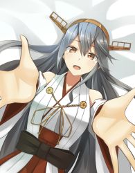 Rule 34 | 1girl, :d, bare shoulders, black hair, breasts, close-up, commentary, detached sleeves, hair between eyes, haruna (kancolle), headgear, highres, kantai collection, large breasts, long hair, looking at viewer, negahami, nontraditional miko, open mouth, outstretched arms, reaching, reaching towards viewer, smile, solo