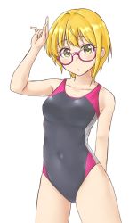 Rule 34 | 1girl, aimobake, bespectacled, black one-piece swimsuit, blonde hair, collarbone, competition swimsuit, cowboy shot, glasses, idolmaster, idolmaster cinderella girls, looking at viewer, miyamoto frederica, one-piece swimsuit, pink-framed eyewear, short hair, simple background, solo, standing, swimsuit, white background, yellow eyes