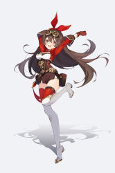 Rule 34 | 1girl, absurdres, amber (genshin impact), bag, belt, blush, boots, dress, eyelashes, genshin impact, gloves, goggles, goggles on head, hair between eyes, hair ribbon, highres, long hair, long sleeves, looking at viewer, open mouth, red dress, red ribbon, ribbon, shorts, simple background, solo, standing, standing on one leg, thigh boots, thighhighs, thighs, white background, yellow eyes, yu bing