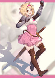 Rule 34 | 1girl, :d, ahoge, arm up, blonde hair, blurry, blurry background, blush, boots, bow, breasts, brown eyes, brown footwear, brown thighhighs, commentary request, depth of field, djeeta (granblue fantasy), full body, gauntlets, granblue fantasy, hairband, high-waist skirt, highres, medium breasts, open mouth, pink bow, pink hairband, pink skirt, pleated skirt, shadow, sheath, sheathed, shirt, skirt, smile, solo, sword, thigh boots, thighhighs, uneg, weapon, white shirt