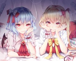 Rule 34 | 2girls, ascot, bat wings, bed sheet, black wings, blonde hair, blue hair, bow, brooch, closed mouth, collared shirt, flandre scarlet, hair bow, hair ribbon, highres, indoors, jewelry, looking at viewer, lying, multiple girls, on bed, on stomach, one side up, puffy short sleeves, puffy sleeves, red ascot, red eyes, red ribbon, red skirt, remilia scarlet, ribbon, shiromoru (yozakura rety), shirt, short sleeves, siblings, sisters, skirt, skirt set, slit pupils, smile, socks, touhou, vest, white bow, white legwear, white shirt, wing collar, wings, wrist cuffs, yellow ascot