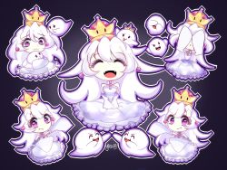 Rule 34 | 1girl, :&gt;, :p, boo (mario), chibi, closed eyes, covering face, crown, detached sleeves, dress, ghost, gradient background, hair between eyes, highres, long hair, luigi&#039;s mansion, mario (series), multiple persona, new super mario bros. u deluxe, nintendo, princess king boo, purple eyes, smile, super crown, tearing up, tongue, tongue out, v arms, white dress, white hair, yitsune melody