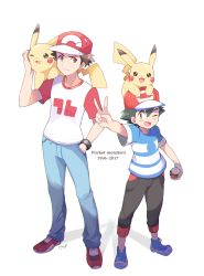 Rule 34 | 2boys, ;d, age difference, animal, animal on head, animal on shoulder, anniversary, ash ketchum, bad id, bad pixiv id, baseball cap, black hair, brown eyes, brown hair, capri pants, copyright name, creatures (company), denim, game freak, gen 1 pokemon, hand in pocket, hat, highres, holding, holding poke ball, jeans, male focus, mei (maysroom), multiple boys, nintendo, on head, one eye closed, open mouth, pants, pikachu, poke ball, poke ball (basic), pokemon, pokemon (anime), pokemon (creature), pokemon on head, pokemon sm, pokemon sm (anime), raglan sleeves, red (pokemon), red (pokemon sm), shadow, shirt, shoes, short hair, signature, simple background, smile, sneakers, striped clothes, striped shirt, t-shirt, v, white background, z-ring