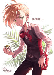 Rule 34 | 1boy, ahoge, black pants, black vest, blonde hair, bracelet, buttons, character name, collared shirt, commentary request, creatures (company), ear piercing, game freak, gladion (pokemon), green eyes, holding, holding poke ball, jewelry, male focus, mochizuki achamo, nintendo, pants, piercing, poke ball, pokemon, pokemon (anime), pokemon sm146, pokemon sm (anime), red bag, shirt, short hair, signature, smile, solo, ultra ball, vest, white shirt, z-ring