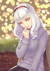 Rule 34 | 1girl, breasts, brick wall, carmilla (fate), casual, commentary request, fate/grand order, fate (series), head tilt, highres, large breasts, looking at viewer, medium hair, purple sweater, ribbed sweater, sangatsu (mitsuki358), silver hair, snow, solo, sweater, winter, yellow eyes