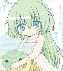 Rule 34 | 1girl, animal, bad id, bad pixiv id, bare arms, bare shoulders, blue eyes, blush, character name, closed mouth, collarbone, dress, emil chronicle online, green hair, hair between eyes, highres, holding, holding animal, jellyfish, long hair, looking at viewer, poison gel alma, ri-net, sleeveless, sleeveless dress, solo, transparent, twitter username, very long hair, white dress