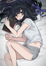 Rule 34 | 1girl, absurdres, bare legs, black hair, blue archive, blue eyes, blue hairband, book, dolphin shorts, feet out of frame, glasses, grey shorts, hair between eyes, hairband, halo, highres, holding, holding book, knee up, legs, long hair, looking at viewer, lying, midriff peek, on bed, on side, open mouth, round eyewear, shirt, short shorts, shorts, solo, ui (blue archive), wakamepiza, white shirt