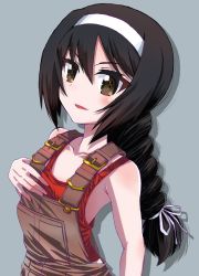 Rule 34 | 1girl, alternate hairstyle, black hair, braid, braided ponytail, brown eyes, brown overalls, casual, fujimaru arikui, girls und panzer, grey background, hair ribbon, hairband, hand on own chest, long hair, looking at viewer, overalls, parted lips, red shirt, reizei mako, ribbon, shadow, shirt, simple background, single braid, smile, solo, tank top, white hairband, white ribbon