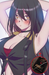 Rule 34 | 1girl, andrian januar adilia, armpits, arms behind head, black choker, black hair, black jacket, blush, breasts, choker, cigarette pack, cleavage, closed mouth, collarbone, commentary, english commentary, hair between eyes, highres, humanization, jacket, large breasts, looking at viewer, midriff, navel, orange eyes, original, reference inset, sidelocks, sleeveless, sleeveless jacket, solo, upper body, white background