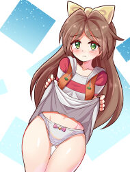 Rule 34 | 1girl, blush, bow, bow panties, brown hair, chou tokkyu hikarian, closed mouth, clothes lift, commentary request, commission, cougar (cougar1404), cowboy shot, crotch seam, drawstring, frown, gluteal fold, hair bow, hood, hood down, hoodie, kanda minayo, lifted by self, long hair, looking at viewer, open clothes, open hoodie, panties, partial commentary, red shirt, shirt, skeb commission, skirt, skirt lift, sleeveless, sleeveless hoodie, solo, standing, striped clothes, striped shirt, thigh gap, underwear, white panties, white skirt, yellow bow, yellow eyes