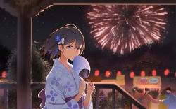 Rule 34 | 1girl, absurdres, blue eyes, brown hair, character request, copyright request, csllin, fireworks, floral print, flower, frown, hair flower, hair ornament, hand fan, highres, huge filesize, japanese clothes, kimono, long sleeves, looking at viewer, short hair, solo, summer festival, wide sleeves, yukata
