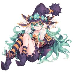 1girl black_shorts collarbone date_a_live full_body gem green_eyes green_gemstone green_hair hair_between_eyes hat highres kyouno_natsumi long_hair looking_at_viewer moeki_yuuta pointy_footwear poncho shorts socks solo star_(symbol) striped_clothes striped_socks witch_hat