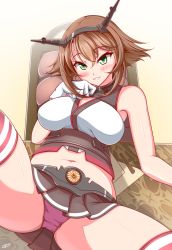 Rule 34 | 10s, 1girl, bad id, bad pixiv id, breasts, brown hair, gloves, green eyes, headgear, kantai collection, large breasts, looking at viewer, midriff, miniskirt, mutsu (kancolle), navel, panties, pink panties, sayossa (pak-front), short hair, skirt, smile, solo, spread legs, thighhighs, underwear, upskirt, white gloves