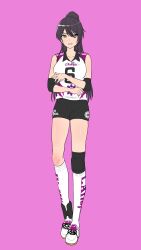 Rule 34 | 1girl, absurdres, black hair, black shorts, breasts, burningsushi, collarbone, commentary, elbow pads, full body, hair between eyes, highres, idolmaster, idolmaster shiny colors, knee pads, large breasts, legs, long hair, looking at viewer, open mouth, pink background, ponytail, print shirt, purple shirt, shirase sakuya, shirt, short shorts, shorts, single knee pad, sleeveless, sleeveless shirt, smile, socks, solo, sportswear, standing, thighs, tsurime, v-shaped eyebrows, volleyball uniform, white footwear, white socks, yellow eyes