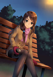 Rule 34 | 1girl, absurdres, bench, black pantyhose, black skirt, blue sky, brown eyes, brown hair, can, canned coffee, coat, doris20140830, drink can, dutch angle, earrings, gloves, heart, heart earrings, highres, holding, holding can, jewelry, knees together feet apart, long hair, looking at viewer, original, outdoors, pantyhose, pencil skirt, pink scarf, red gloves, scarf, sitting, skirt, sky, smile, solo