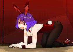 Rule 34 | 1girl, all fours, animal ears, arm support, bare shoulders, between breasts, black pantyhose, blush, breasts, cleavage, detached collar, fake animal ears, female focus, high heels, leotard, looking at viewer, nagae iku, necktie, open mouth, pantyhose, playboy bunny, purple hair, rabbit ears, rabbit tail, red eyes, shoes, short hair, solo, tail, tears, touhou, wrist cuffs, yokohachi