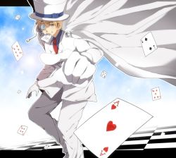 Rule 34 | 1boy, ace (playing card), america (hetalia), arm up, axis powers hetalia, bad id, bad pixiv id, blonde hair, cape, card, cosplay, floating card, gloves, grin, hat, kaitou kid, kaitou kid (cosplay), leaning forward, magic kaito, male focus, md5 mismatch, meitantei conan, monocle, monocle chain, mouth hold, necktie, outstretched arm, pants, playing card, pointing, sky, smile, snipe-968, solo, top hat, yellow eyes