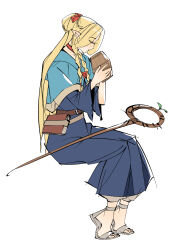 Rule 34 | 1girl, absurdres, blonde hair, blue capelet, blue robe, book, braid, capelet, choker, closed eyes, cup, dungeon meshi, elf, full body, grey footwear, grey pants, hair ribbon, highres, holding, holding cup, long hair, long sleeves, marcille donato, mianmian741, pants, parted bangs, pointy ears, red choker, red ribbon, ribbon, robe, sandals, sitting, sketch, solo, staff, toeless footwear, twin braids, white background, wide sleeves