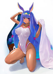 Rule 34 | 1girl, animal ears, bed sheet, blue nails, breasts, closed mouth, commentary request, competition swimsuit, covered erect nipples, covered navel, dark-skinned female, dark skin, facial mark, fate/grand order, fate (series), fujimaru ritsuka (female), full body, hairband, impossible clothes, impossible swimsuit, jackal ears, jewelry, kneeling, long hair, looking at viewer, medjed (fate), nail polish, necklace, nitocris (fate), nitocris (fate/grand order), nitocris (swimsuit assassin) (fate), nitocris (swimsuit assassin) (second ascension) (fate), nyanko batake, one-piece swimsuit, purple eyes, purple hair, revision, riyo (lyomsnpmp) (style), shiny clothes, shiny skin, skin tight, skindentation, smile, solo, swimsuit, toenail polish, toenails, very long hair, when you see it