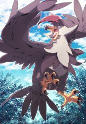 Rule 34 | 45 (maruyaki45), bird, bright pupils, brown eyes, cloud, creatures (company), day, from below, game freak, gen 4 pokemon, highres, looking back, nintendo, no humans, open mouth, outdoors, pokemon, pokemon (creature), sky, solo, staraptor, symbol-only commentary, talons, tongue, white pupils