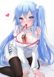 Rule 34 | 1girl, blue eyes, blue hair, blush, breasts, cleavage cutout, clothing cutout, emori miku, heart, highres, large breasts, liver city, long hair, looking at viewer, nail polish, solo, sweater, turtleneck, turtleneck sweater, valentine, white background, yoruhoshi owl