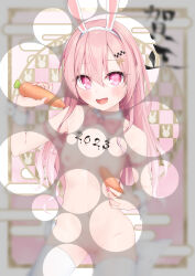 Rule 34 | 1girl, :d, animal ears, bare shoulders, breasts, bubble filter, carrot, checkered background, egasumi, fake animal ears, fang, food, hair between eyes, hair ornament, hairband, heart, heart-shaped pupils, highres, hijouguti, holding, holding food, long hair, looking at viewer, nipples, no shoes, nude, open mouth, original, pink hair, purple eyes, rabbit ears, small breasts, smile, solo, symbol-shaped pupils, thighhighs, very long hair, white hairband, white thighhighs, wrist cuffs
