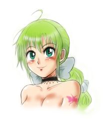 Rule 34 | 1girl, arm tattoo, bare shoulders, breasts, butterfly tattoo, choker, cleavage, closed mouth, collarbone, green eyes, green hair, hair ribbon, long hair, looking at viewer, matsuba gogatsu, multi-tied hair, ponytail, ribbon, saga, saga frontier 2, simple background, smile, solo, tattoo, virginia knights, white background