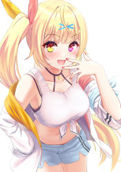 Rule 34 | 1girl, :d, ahoge, bare shoulders, blonde hair, blue shorts, blunt bangs, blush, breasts, collarbone, commentary request, cowboy shot, hair ornament, hand on own hip, heterochromia, highres, hoshikawa sara, hoshikawa sara (1st costume), jacket, large breasts, long hair, long sleeves, looking at viewer, nail polish, navel, nijisanji, off shoulder, open clothes, open jacket, open mouth, pink nails, purple eyes, sakurano yukke, shirt, short shorts, shorts, side ponytail, simple background, smile, solo, tied shirt, very long hair, virtual youtuber, white background, white jacket, x hair ornament, yellow eyes