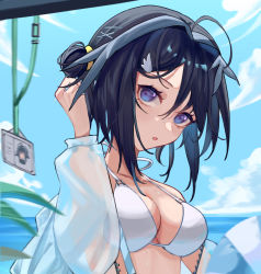 Rule 34 | 1girl, ahoge, arknights, bare shoulders, bikini, black hair, blue eyes, blue sky, breasts, cleavage, collarbone, cube (cuberoot-of-e), day, grey hair, hair bun, hair ornament, hairclip, highres, id card, jacket, la pluma (arknights), la pluma (summer flowers) (arknights), long sleeves, looking at viewer, medium breasts, multicolored hair, official alternate costume, open clothes, open jacket, open mouth, outdoors, see-through, short hair, single hair bun, single side bun, sky, solo, swimsuit, two-tone hair, unzipped, upper body, white bikini, white jacket, wing hair ornament, x hair ornament
