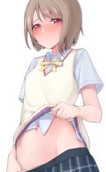 Rule 34 | 1girl, beige vest, blush, brown hair, closed mouth, clothes lift, clothes pull, collared shirt, commentary request, highres, lifted by self, love live!, love live! nijigasaki high school idol club, nakasu kasumi, nasuno (nasuno42), navel, nijigasaki academy school uniform, nose blush, pleated skirt, pulled by self, red eyes, school uniform, shirt, shirt lift, short hair, short sleeves, skirt, skirt pull, solo, stomach, vest lift, white background, white shirt