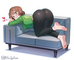 Rule 34 | 1girl, ass, barefoot, bent over, black pants, breasts, brown hair, cameltoe, clenched teeth, commentary, commission, couch, english commentary, fat mons, feet, foot up, freckles, from side, full body, green eyes, green shirt, heart, highres, impossible clothes, large breasts, legs, long hair, long sleeves, looking back, medium hair, original, pants, ribbed shirt, shadow, shiny clothes, shirt, sidelocks, sin (sintrybest), smile, soles, solo, teeth, thighs, toes, twitter username, wavy hair, white background