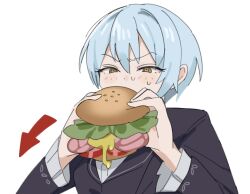 Rule 34 | 1girl, angela (project moon), blue coat, blue hair, blush, burger, burger malfunction, coat, eating, food, frilled sleeves, frills, highres, holding, holding food, library of ruina, long sleeves, mu46016419, project moon, short hair, simple background, solo, sweat, white background, yellow eyes