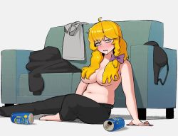 Rule 34 | 1girl, ahoge, bad id, bad twitter id, bags under eyes, beer can, black bra, black pants, black sweater, blonde hair, blush, bow, bra, braid, breasts, can, commentary, cookie (touhou), couch, drink can, drunk, foot out of frame, green eyes, hair over breasts, kirisame marisa, large breasts, long hair, looking at viewer, mars (cookie), ohasi, on floor, open mouth, pants, plump, purple bow, saliva, shirt, side braid, single braid, sitting, solo, sweater, topless, touhou, underwear, unworn bra, unworn shirt, unworn sweater, white shirt