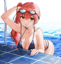 Rule 34 | 1girl, ahoge, arm up, azur lane, bent over, bikini, black bikini, breasts, collarbone, goggles, goggles on head, hand in own hair, highres, large breasts, mouth hold, orange eyes, pool, qing wu, red hair, solo, swimsuit, tile floor, tiles, wet, whistle, whistle around neck, zara (poolside coincidence) (azur lane)