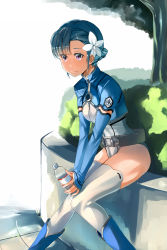 Rule 34 | 10s, 1girl, belt, belt skirt, blue footwear, blue hair, blunt bangs, bodysuit, boots, bottle, braid, breasts, bush, cropped jacket, day, detached sleeves, drink, emblem, fin e ld si laffinty, flower, french braid, from side, fukumaru (ns1), hair flower, hair ornament, highres, holding, jacket, knees together feet apart, leaning forward, leotard, light smile, medium breasts, outdoors, pilot suit, purple eyes, rinne no lagrange, short hair, sidelocks, sitting, sleeves past wrists, smile, solo, thighhighs, tree, turtleneck, v arms, water bottle, white thighhighs