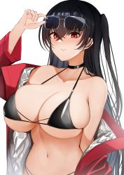 Rule 34 | 1girl, absurdres, adjusting eyewear, arm up, armpit crease, azur lane, bare shoulders, bikini, black bikini, black choker, black hair, breasts, choker, cleavage, collarbone, eyewear on head, halterneck, hand on eyewear, highres, jacket, large breasts, long hair, long sleeves, looking at viewer, navel, off shoulder, official alternate costume, one side up, open clothes, open jacket, pnatsu, red eyes, red jacket, simple background, skindentation, smile, solo, stomach, string bikini, sunglasses, swimsuit, taihou (azur lane), taihou (enraptured companion) (azur lane), upper body, very long hair, white background