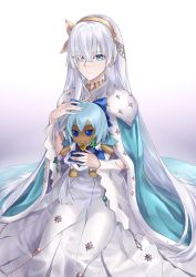 Rule 34 | 1girl, absurdres, anastasia (fate), blue cape, blue eyes, cape, character doll, cirno, closed mouth, commission, doll, dress, fate/grand order, fate (series), fumo (doll), hair between eyes, hairband, highres, holding, holding doll, jewelry, lips, long hair, looking at viewer, necklace, pixiv commission, sitting, solo, suprii, touhou, white background, white dress, white hair, yellow hairband
