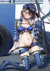 1girl azur_lane baltimore_(azur_lane) baltimore_(finish_line_flagbearer)_(azur_lane) bikini bikini_pull black_choker black_gloves blue_bikini blue_hat blue_jacket blush boots braid breasts brown_hair chest_harness choker cleavage clothes_pull commentary_request cropped_jacket day detached_sleeves flag gloves gurameso hair_behind_ear harness hat head_tilt high_heel_boots high_heels highleg highleg_bikini highres holding holding_hat holding_unworn_clothes jacket kneeling large_breasts looking_at_viewer micro_shorts mismatched_bikini navel outdoors peaked_cap race_queen road short_hair shorts side_braid single_bare_shoulder single_glove sleeves_rolled_up solo stomach swimsuit thigh_strap underboob unused_tire yellow_eyes