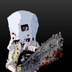 Rule 34 | 1girl, bag on head, black background, black hair, blood, blood on clothes, blue necktie, chainsaw, female focus, fxxk law, gradient background, highres, holding, holding chainsaw, necktie, original, red eyes, solo