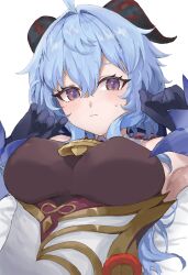 Rule 34 | 1girl, absurdres, ahoge, bare shoulders, bell, black gloves, blue hair, blush, bodystocking, breasts, closed mouth, covered erect nipples, cowbell, detached sleeves, ganyu (genshin impact), genshin impact, gloves, goat horns, hair between eyes, highres, horns, long hair, looking at viewer, medium breasts, neck bell, oyumaru (oyu135), purple eyes, sidelocks, solo, upper body, white sleeves