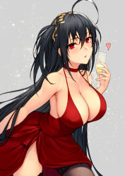 Rule 34 | 1girl, ahoge, azur lane, bare shoulders, black hair, black thighhighs, blush, breasts, choker, cleavage, collarbone, cup, dress, drinking glass, grey background, hair between eyes, hair ornament, heart, kyoeiki, large breasts, long hair, looking at viewer, official alternate costume, one side up, open mouth, red dress, red eyes, solo, taihou (azur lane), taihou (forbidden feast) (azur lane), thighhighs, thighs, very long hair, wine glass