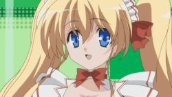 Rule 34 | 1girl, animated, animated gif, blinking, blonde hair, blue eyes, bouncing breasts, bow, breasts, cleavage, close-up, closed eyes, hair bow, headdress, large breasts, lizlett l. chelsie, long hair, maid, maid headdress, multiple views, omamori himari, smile, twintails, waitress