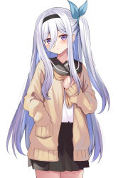 Rule 34 | 1girl, black hairband, blue ribbon, blush, brown sailor collar, brown skirt, cardigan, clenched hand, commentary request, cowboy shot, eyes visible through hair, grey hair, hair between eyes, hair ribbon, hairband, hand up, head tilt, highres, long hair, long sleeves, looking at viewer, mahcdai, medium skirt, neckerchief, open cardigan, open clothes, orange neckerchief, original, parted lips, pleated skirt, purple eyes, ribbon, sailor collar, school uniform, shirt, side ponytail, sidelocks, simple background, skirt, sleeves past fingers, sleeves past wrists, solo, standing, straight hair, white background, white shirt, yellow cardigan