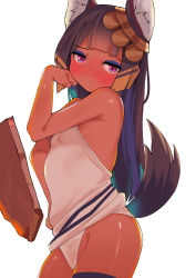 Rule 34 | 1girl, animal ears, bare arms, bare shoulders, black hair, blue nails, blush, breasts, closed mouth, commentary request, cowboy shot, dark-skinned female, dark skin, dress, groin, hand up, highres, long hair, looking at viewer, nail polish, nose blush, original, panties, purple eyes, simple background, sleeveless, sleeveless dress, small breasts, solo, standing, surio, tail raised, underwear, very long hair, white background, white dress, white panties