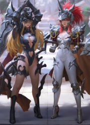 Rule 34 | 2girls, armor, blonde hair, blue eyes, bodystocking, breasts, center opening, cleavage, clothing cutout, double-blade, eyepatch, fake horns, fantasy, full armor, full body, gauntlets, greaves, heart, heart cutout, helmet, high heels, horned helmet, horns, huge weapon, kilart, knee pads, large breasts, leotard, lips, long hair, md5 mismatch, multiple girls, nose, original, pauldrons, ponytail, red hair, resized, resolution mismatch, shoulder armor, sidelocks, single horn, source larger, standing, sword, weapon